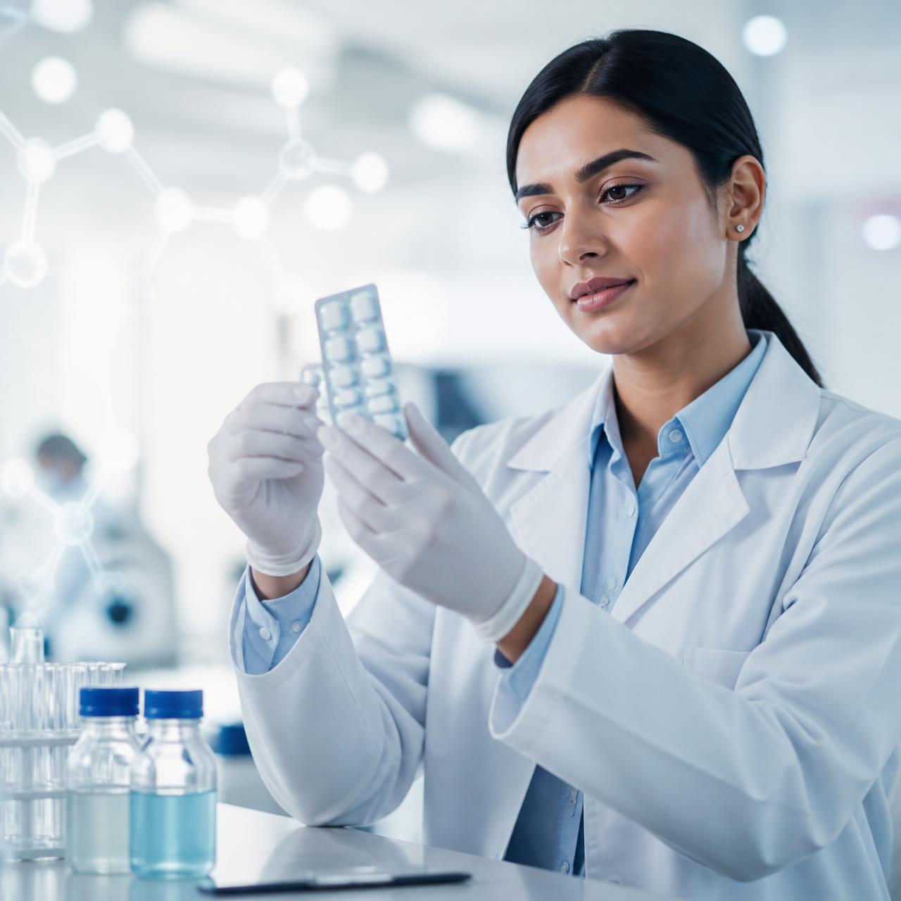 Pharmaceutical scientist reviewing a blister strip of tablets in a research laboratory