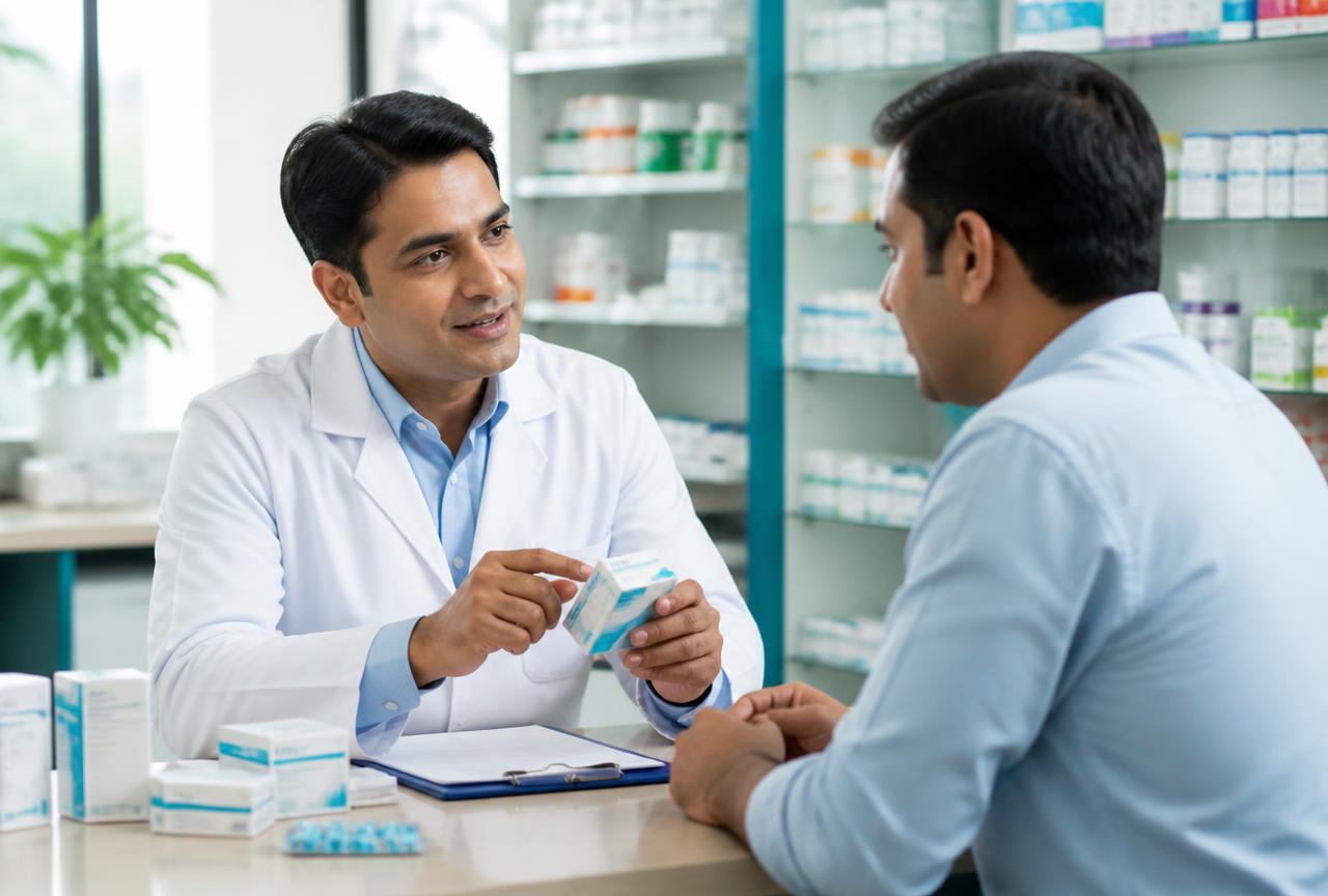 Pharmacist discussing medicine packaging with a healthcare trade partner